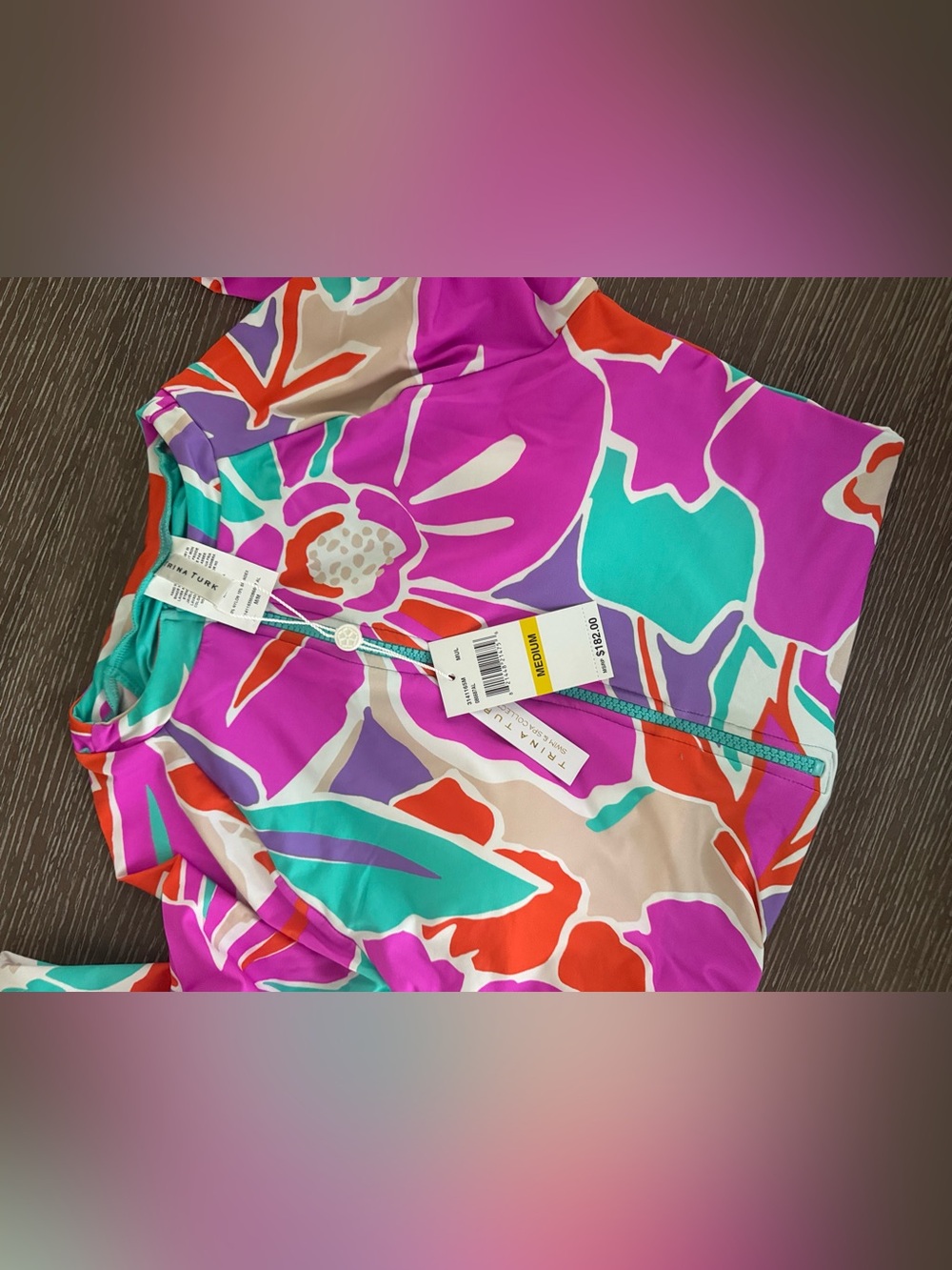 Trina TurkTropical Floral Long-Sleeve Zip Front One-Piece Swimsuit - Pink & Teal - Picture 6 of 7